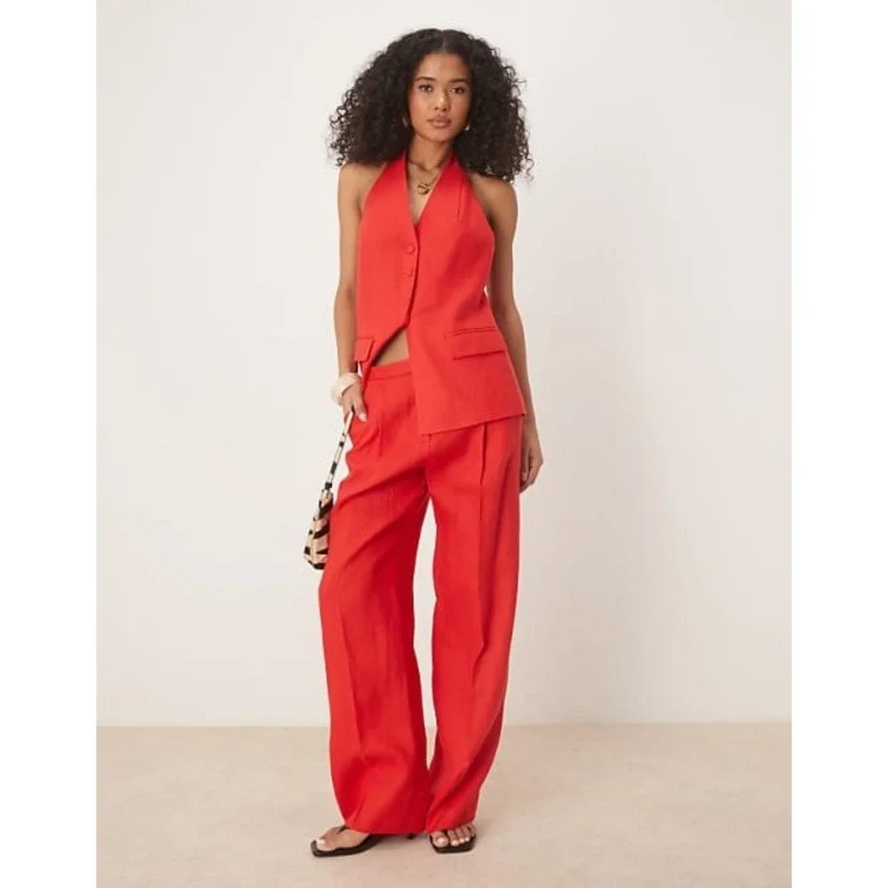 MNG Red Linen Button Front Halter Vest Top Women's XS New With Tags‎